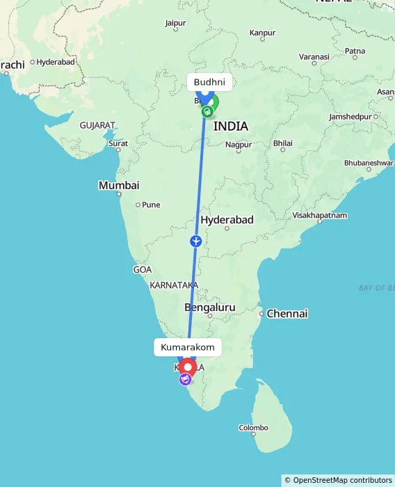 Route map showing distance and travel time from Budhni, India to Kumarakom, India