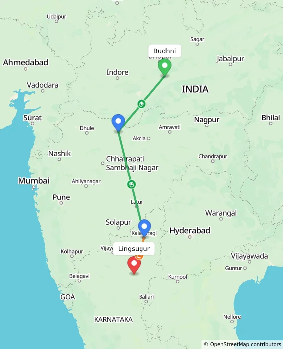 Route map showing distance and travel time from Budhni, India to Lingsugur, India