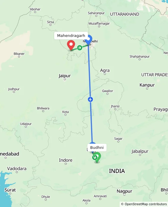 Route map showing distance and travel time from Budhni, India to Mahendragarh, India