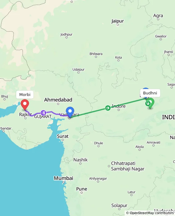 Route map showing distance and travel time from Budhni, India to Morbi, India