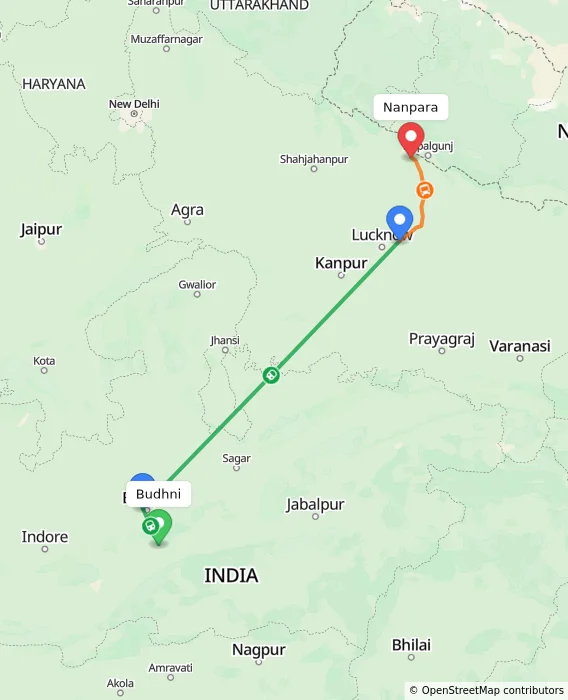 Route map showing distance and travel time from Budhni, India to Nanpara, India