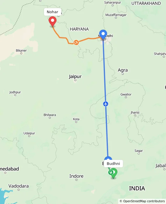 Route map showing distance and travel time from Budhni, India to Nohar, India
