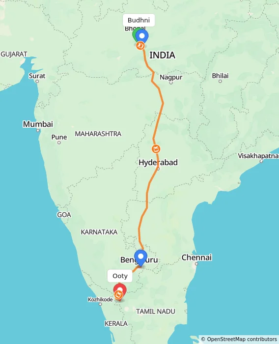 Route map showing distance and travel time from Budhni, India to Ooty, India