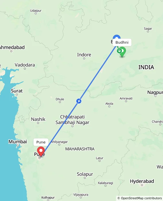 Route map showing distance and travel time from Budhni, India to Pune, India
