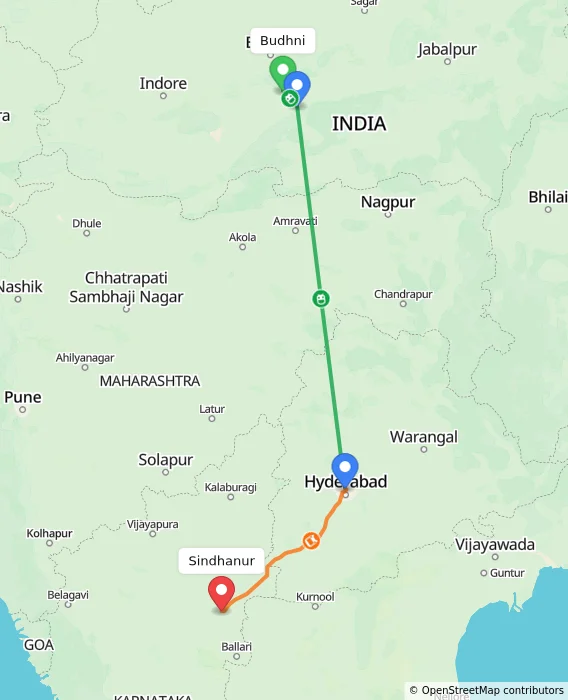 Route map showing distance and travel time from Budhni, India to Sindhanur, India