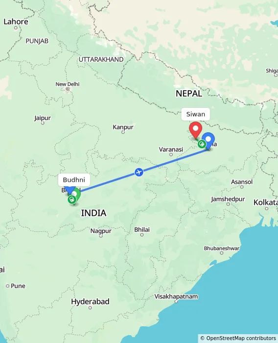 Route map showing distance and travel time from Budhni, India to Siwan, India