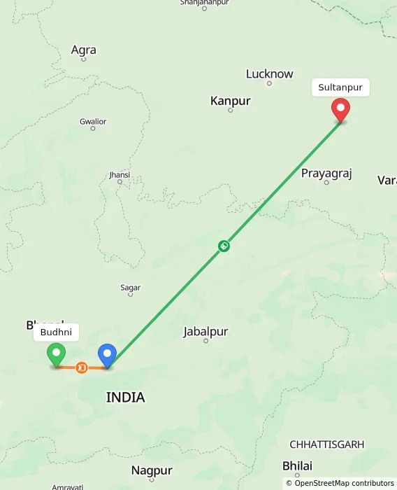 Route map showing distance and travel time from Budhni, India to Sultanpur, India