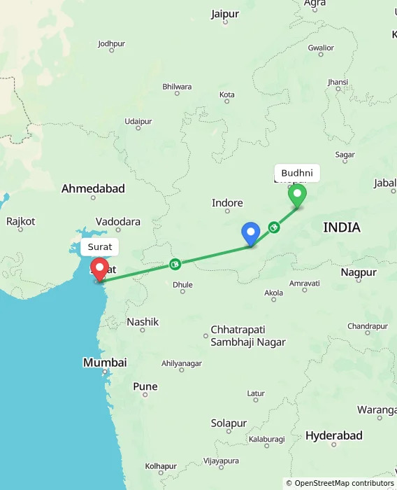 Route map showing distance and travel time from Budhni, India to Surat, India