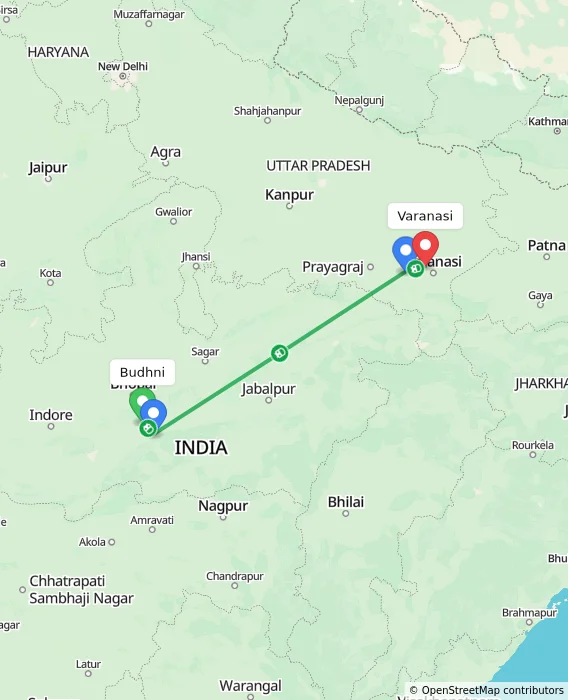 Route map showing distance and travel time from Budhni, India to Varanasi, India