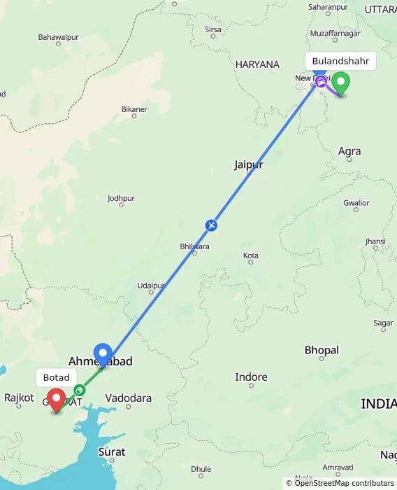 Route map showing distance and travel time from Bulandshahr, India to Botad, India