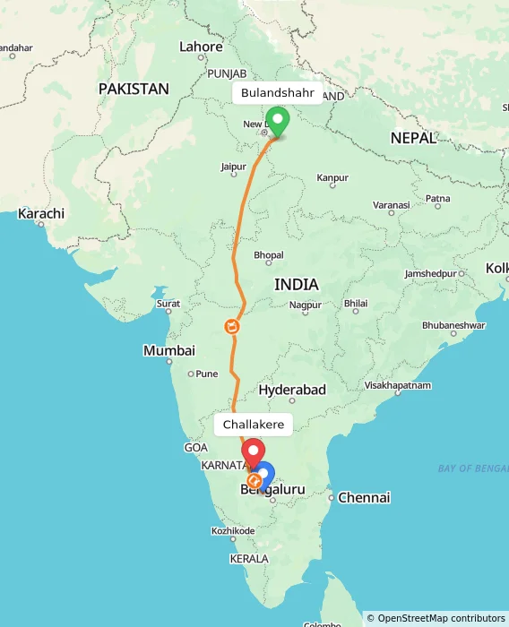 Route map showing distance and travel time from Bulandshahr, India to Challakere, India