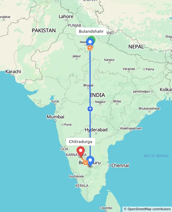 Route map showing distance and travel time from Bulandshahr, India to Chitradurga, India