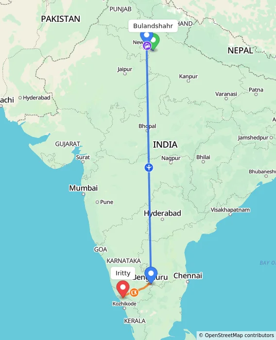 Route map showing distance and travel time from Bulandshahr, India to Iritty, India