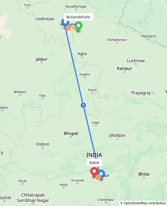 Route map showing distance and travel time from Bulandshahr, India to Katol, India