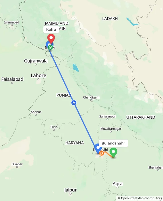 Route map showing distance and travel time from Bulandshahr, India to Katra, India