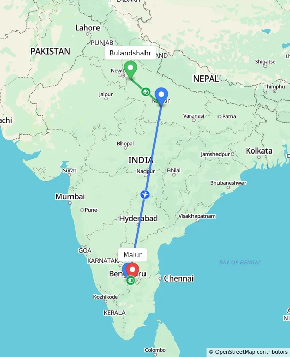 Route map showing distance and travel time from Bulandshahr, India to Malur, India