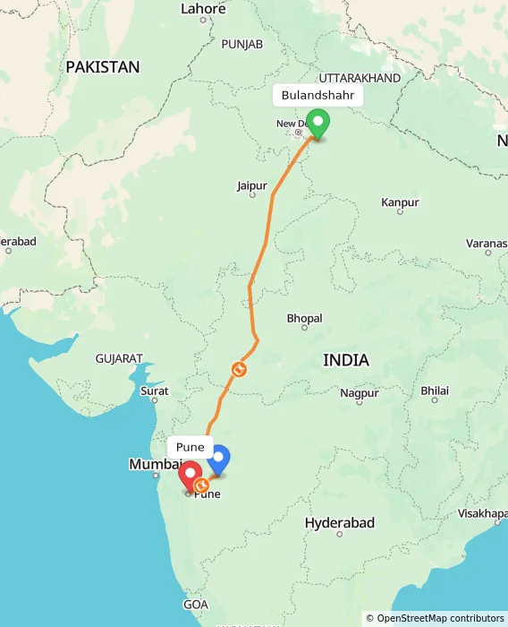 Route map showing distance and travel time from Bulandshahr, India to Pune, India