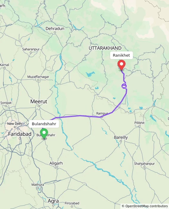 Route map showing distance and travel time from Bulandshahr, India to Ranikhet, India