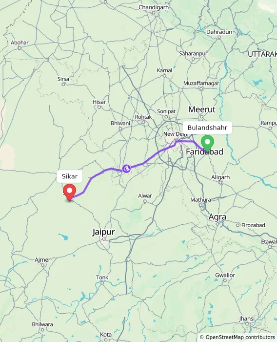Route map showing distance and travel time from Bulandshahr, India to Sikar, India