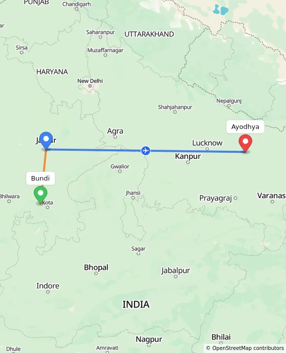 Route map showing distance and travel time from Bundi, India to Ayodhya, India