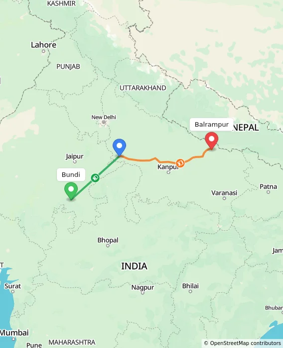 Route map showing distance and travel time from Bundi, India to Balrampur, India