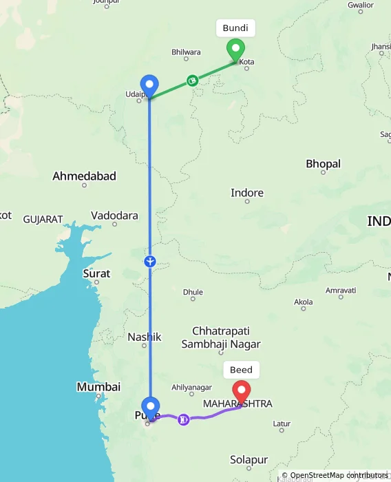 Route map showing distance and travel time from Bundi, India to Beed, India