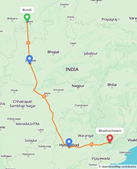 Route map showing distance and travel time from Bundi, India to Bhadrachalam, India