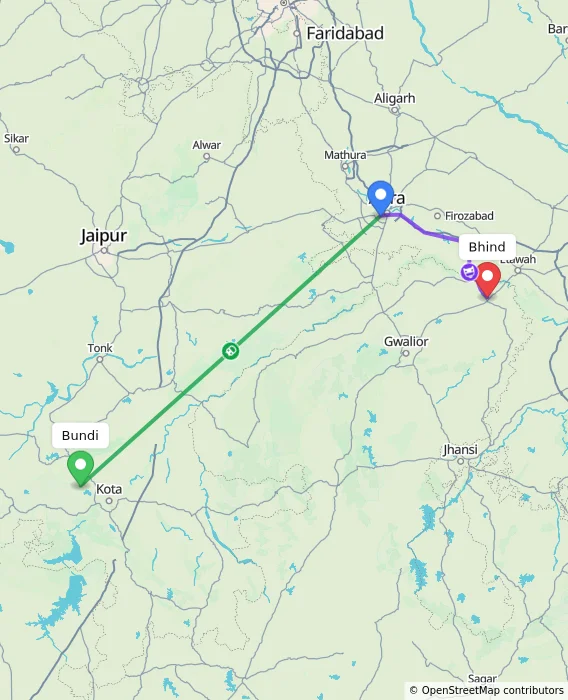 Route map showing distance and travel time from Bundi, India to Bhind, India