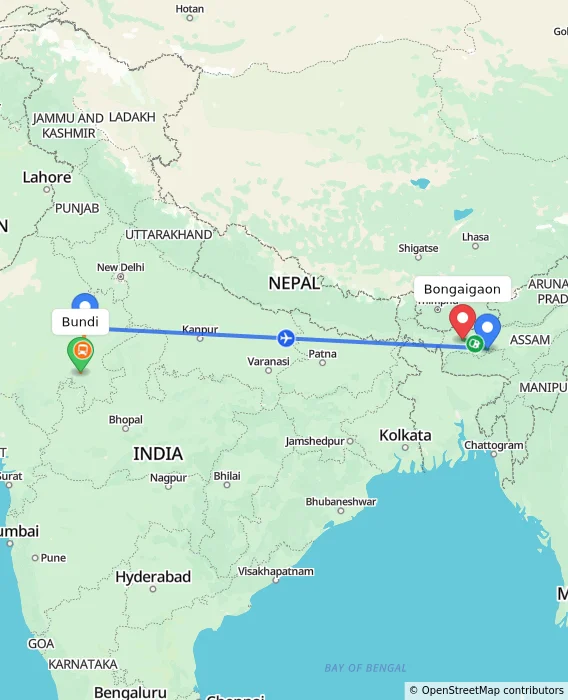 Route map showing distance and travel time from Bundi, India to Bongaigaon, India
