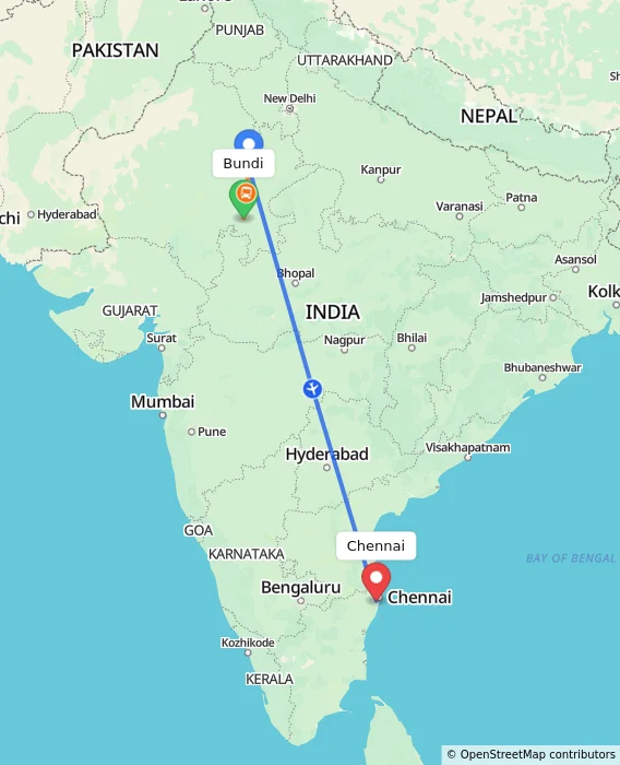 Route map showing distance and travel time from Bundi, India to Chennai, India