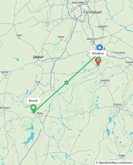 Route map showing distance and travel time from Bundi, India to Dholpur, India