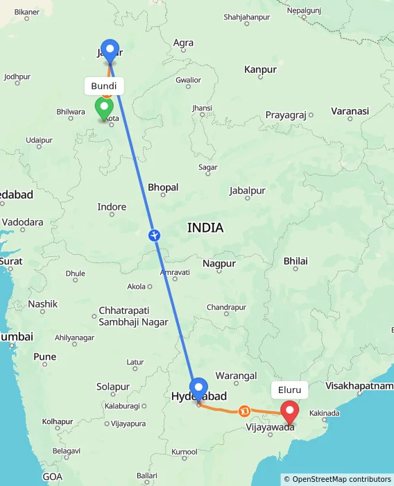 Route map showing distance and travel time from Bundi, India to Eluru, India