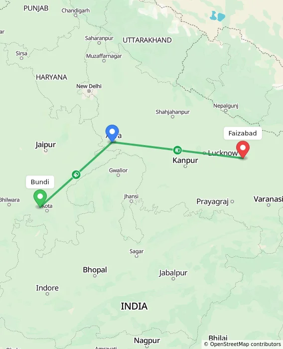Route map showing distance and travel time from Bundi, India to Faizabad, India