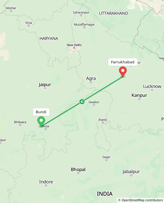 Route map showing distance and travel time from Bundi, India to Farrukhabad, India