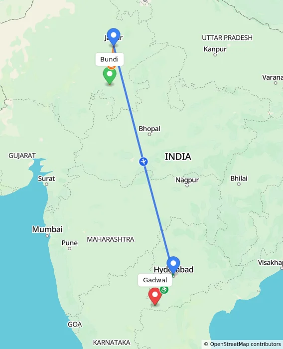 Route map showing distance and travel time from Bundi, India to Gadwal, India