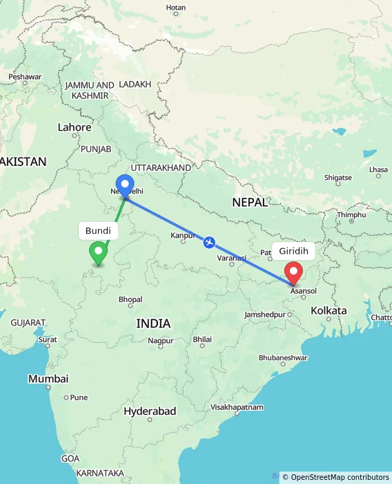 Route map showing distance and travel time from Bundi, India to Giridih, India