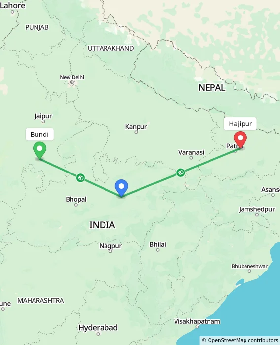 Route map showing distance and travel time from Bundi, India to Hajipur, India