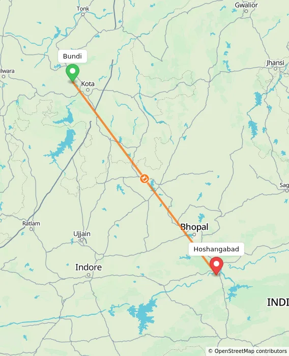 Route map showing distance and travel time from Bundi, India to Hoshangabad, India