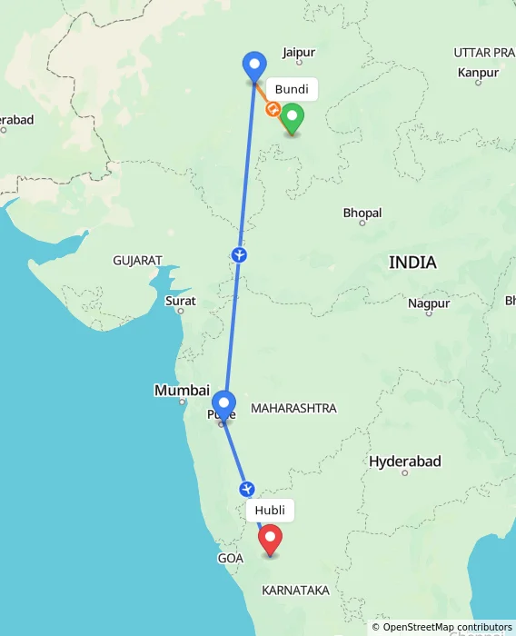 Route map showing distance and travel time from Bundi, India to Hubli, India