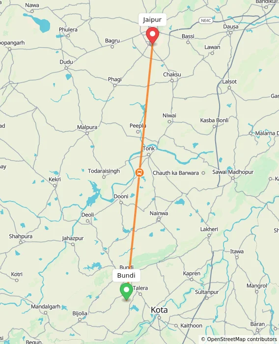 Route map showing distance and travel time from Bundi, India to Jaipur, India