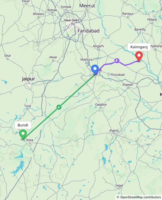 Route map showing distance and travel time from Bundi, India to Kaimganj, India