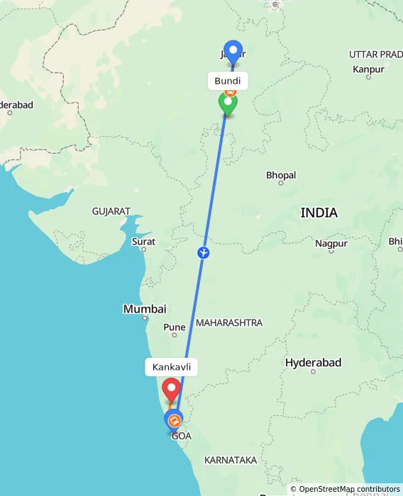 Route map showing distance and travel time from Bundi, India to Kankavli, India
