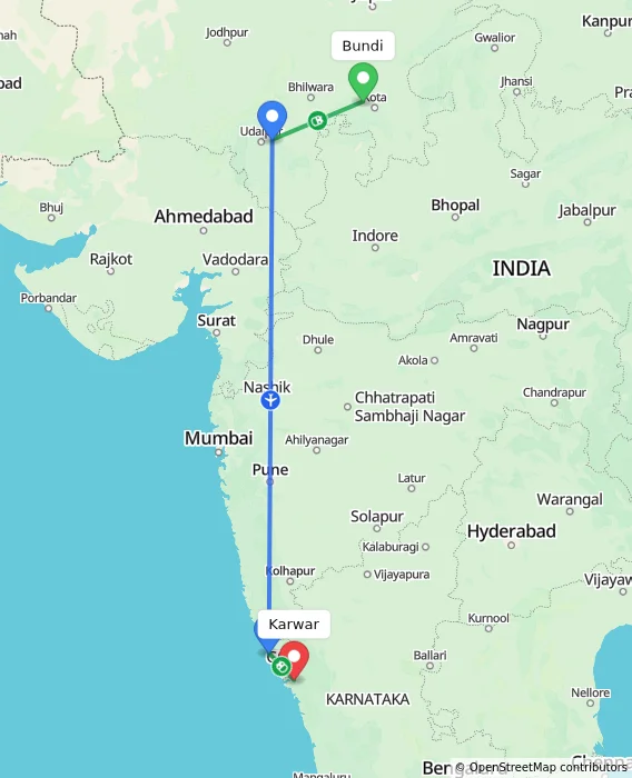 Route map showing distance and travel time from Bundi, India to Karwar, India