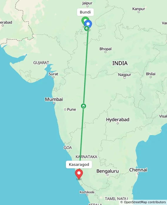 Route map showing distance and travel time from Bundi, India to Kasaragod, India