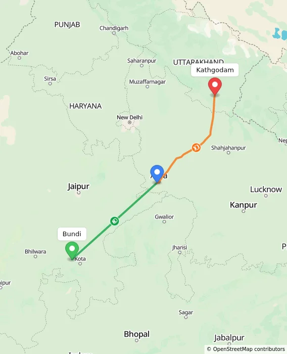 Route map showing distance and travel time from Bundi, India to Kathgodam, India