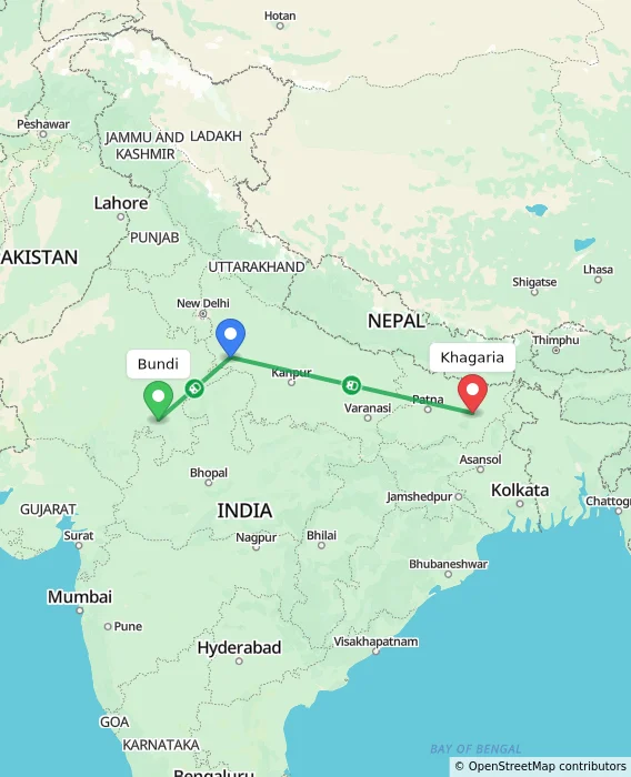 Route map showing distance and travel time from Bundi, India to Khagaria, India