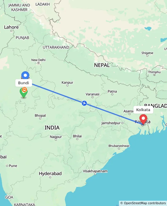 Route map showing distance and travel time from Bundi, India to Kolkata, India