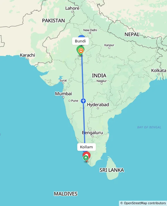 Route map showing distance and travel time from Bundi, India to Kollam, India