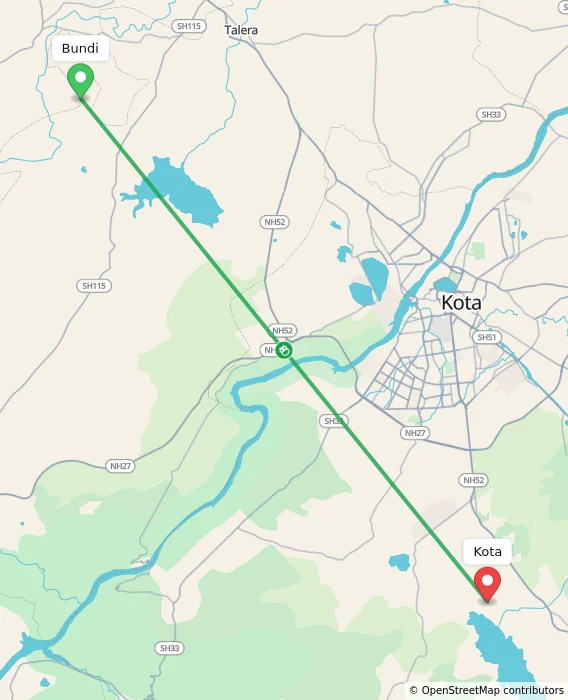 Route map showing distance and travel time from Bundi, India to Kota, India