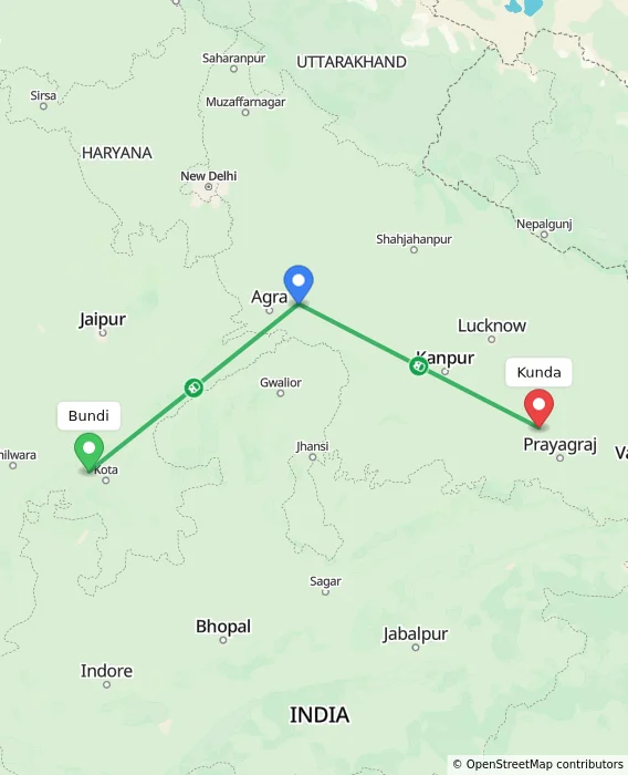 Route map showing distance and travel time from Bundi, India to Kunda, India
